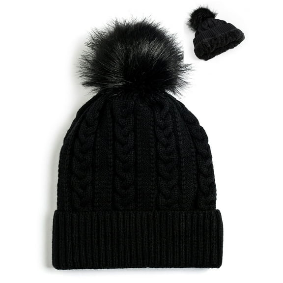 Newbee Fashion - Women Winter Faux Fur Pom Pom Beanie Hat with Warm Fleece Lined Thick Skull Ski Cap Stylish & Warm in Black