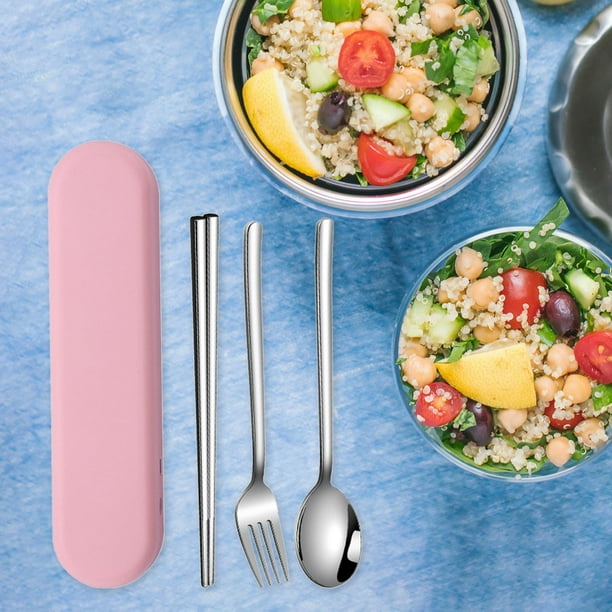 de utensilios de material acero inoxidable con estuche Cubiertos Palillos de picnic reutilizables Accesorios para el almuerzo para picnic Viajes 3pcs rosa BLESIY cubiertos de viaje