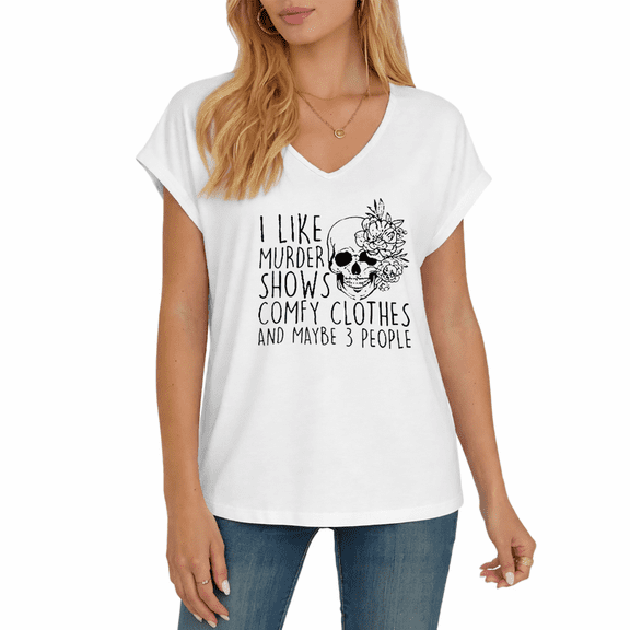 Cozymy Women's I Like Murder Shows Comfy Clothes Black Skull Floral True V-Neck Casual Short Sleeve Loose T-Shirt Top