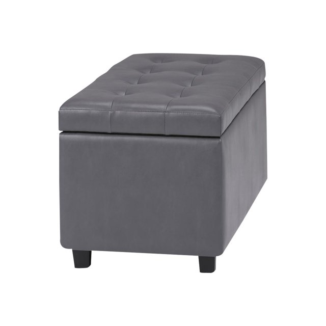 SIMPLIHOME Cosmopolitan 34 inch Wide Rectangle Lift Top Storage Ottoman in Upholstered Stone Grey Tufted Faux Leather, Footrest Stool, Coffee Table for the Living Room, Bedroom and Kids Room