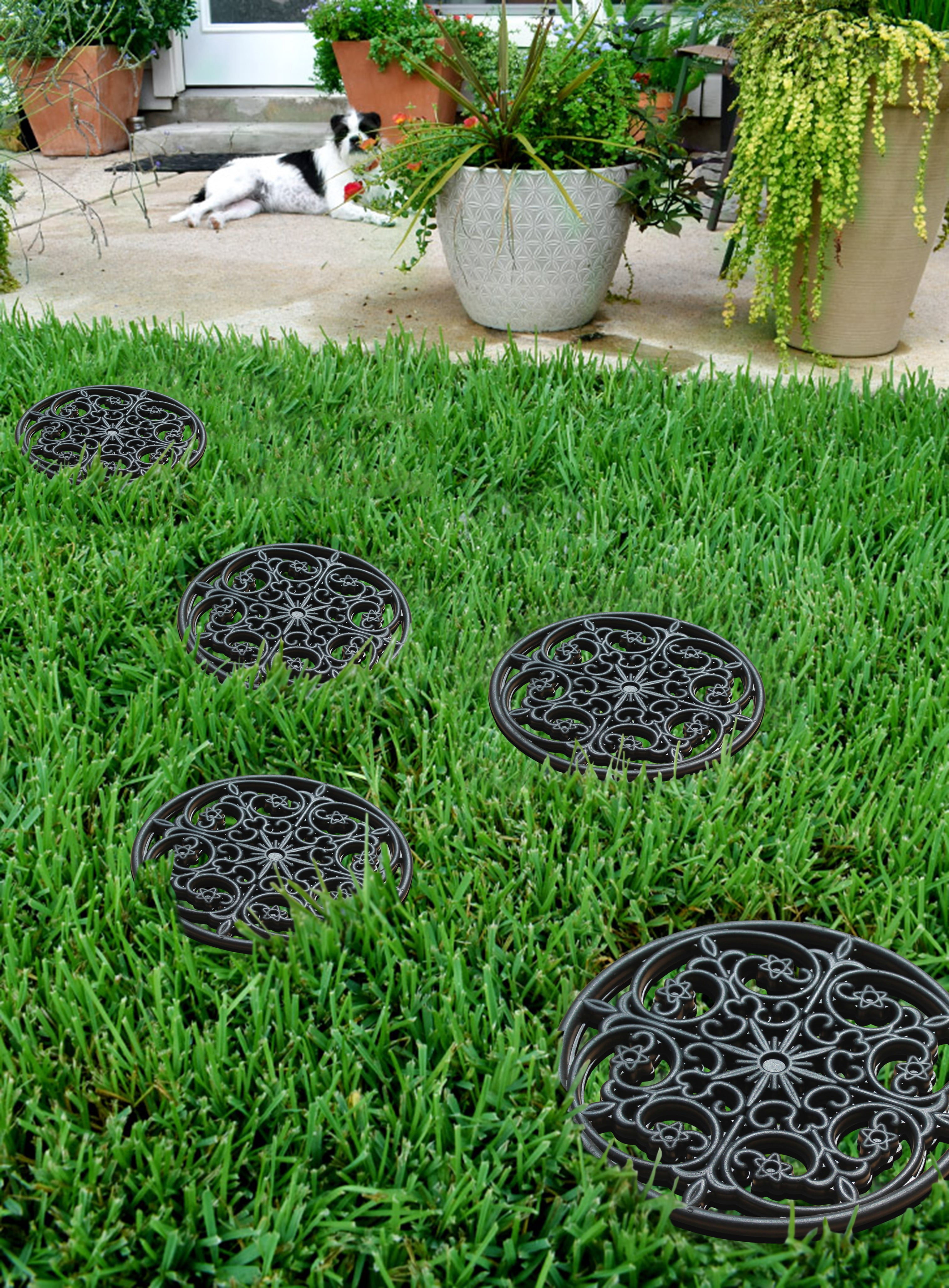 A1 Home Collections Paisley Star Heavy-Duty Round Rubber Garden Stepping Stone Mats, 12"x12", Set of 4, Black