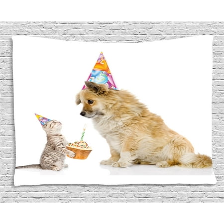 Birthday Decorations for Kids Tapestry, Cat and Dog Human Best Friend Party with Cupcake and Candle, Wall Hanging for Bedroom Living Room Dorm Decor, 80W X 60L Inches, Multicolor, by