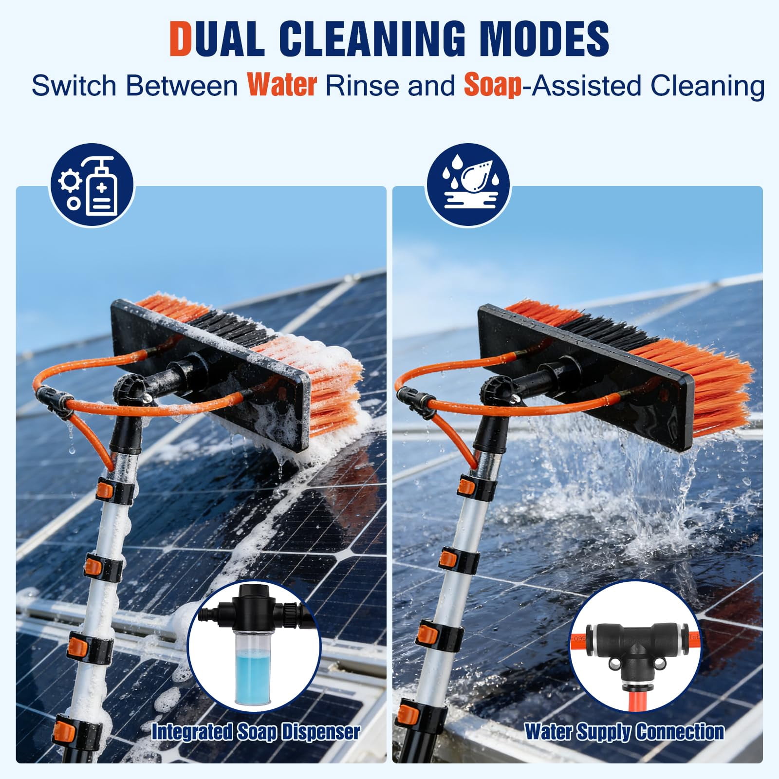 20FT Extendable Cleaning Pole with Adjustable Brush Head & Soap Bottle, Outdoor Cleaning Tool for Windows, Walls, Roofs and Exterior Surfaces