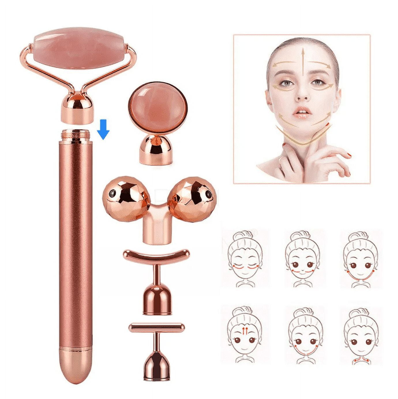 Jade Roller Facial Tools 5-in-1 Face Massager Roller 24k Golden Face Roller, Arm Eye Nose Massage for Face Facial Massager Skin Care Tools Pink