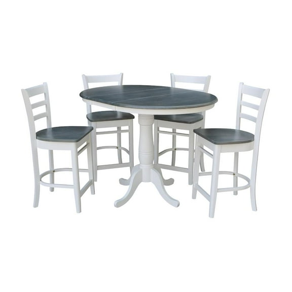 36" Round Solid Wood Extension Dining Table With 4 Emily Counter Height Stools in White/Heather Gray by International Concepts