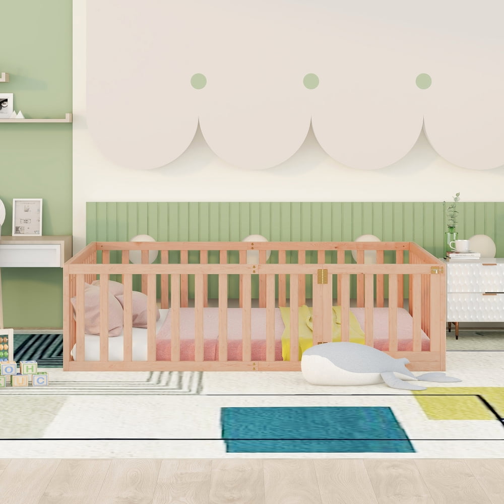 Full Size Floor Bed Frame for Kids, Solid Wood Montessori Bed Frame with Fence Rail and Door, Montessori Floor Bed Wood Full Bed Frame for Boys and Girls, Natural