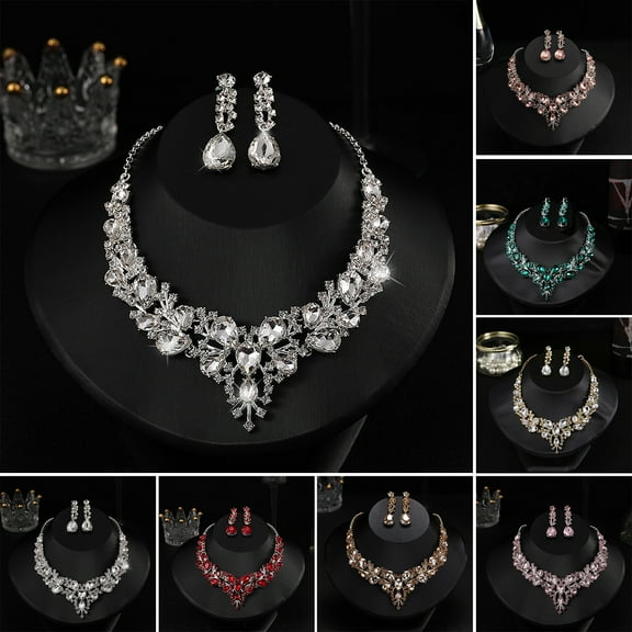 SmartBy 1 Set Wedding Earrings Extension Chain Faux Crystal Rhinestone Inlaid Dress Up Glitter Dinner Women Jewelry Necklace Female Accessory