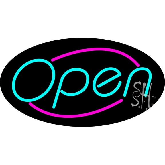 Aqua Open With Pink Border Oval Animated LED Neon Sign 12 x 24 - inches, Black Square Cut Acrylic Backing, with Dimmer - Bright and Premium built indoor LED Neon Sign for storefront.
