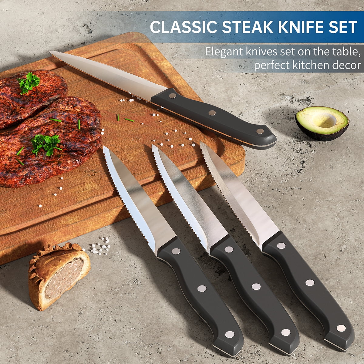 Steak Knives Set of 4, Triple Rivet Non-Serrated Stainless Steel Sharp  Blade Flatware Steak Knife Set, For Restaurant Tableware Kitchen Camping,  Dishwasher Safe 
