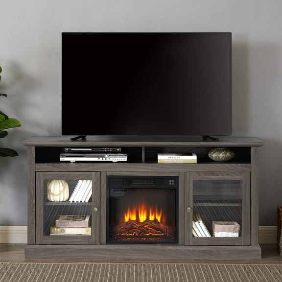 HIUU 60 inches Fireplace with Storage for 65-Inch TV,Fireplace TV Stand for Living Room,Dark Walnut