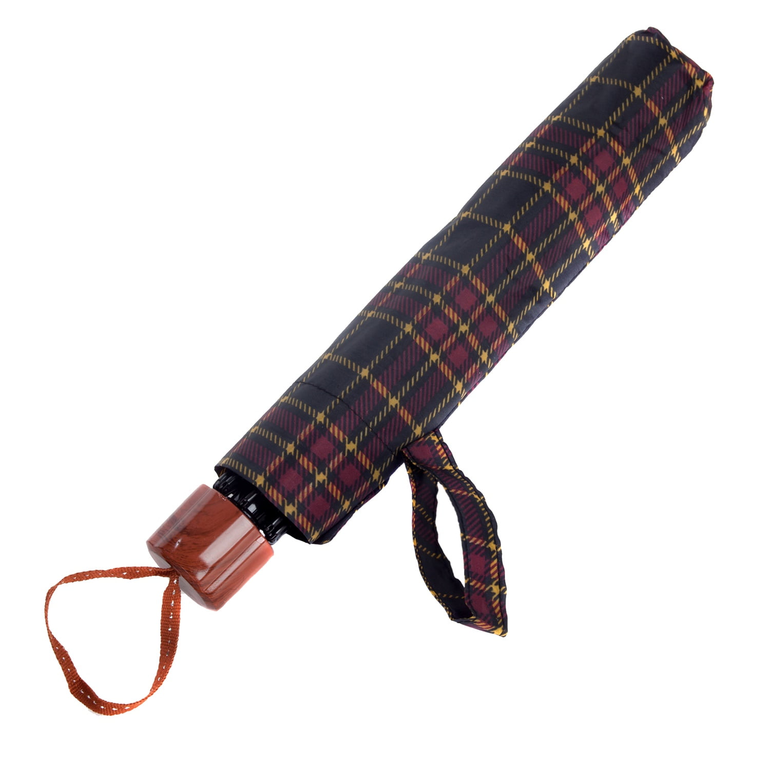 Plaid Lightweight Compact Travel Sized Windproof Nylon Umbrella With Easy Open Button