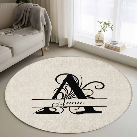 Round Rugs 3Ft, Letter A Round Area Rug Washable Indoor Throw Carpet, Monogram Words Small Non Slip Circle Rug for Bedroom Living Room Home Decor Aesthetic