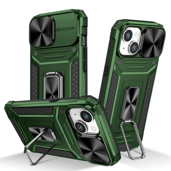 Allytech iPhone 14 Plus Case with Kickstand, Sliding Camera Lens Protector Rugged Hybrid Military Grade Shockproof Bumper Phone Case for Apple iPhone 14 Plus - Green