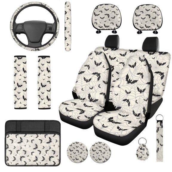 XYZCANDO Spider Web Bats 14 Pack Car Seat Covers Full Set Steering Wheel Cover Center Console Pad Seat Belt Pads Headrest Covers Cup Coasters for Most Cars SUVs Sedans