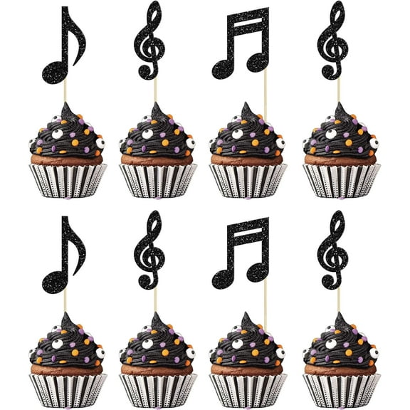12pcs Music Notes Cupcake Toppers Black Glitter Musical Symbol Cupcake Picks for Rock Music Concert Theme Baby Shower Wedding Birthday Party Cake Decorations Supplies