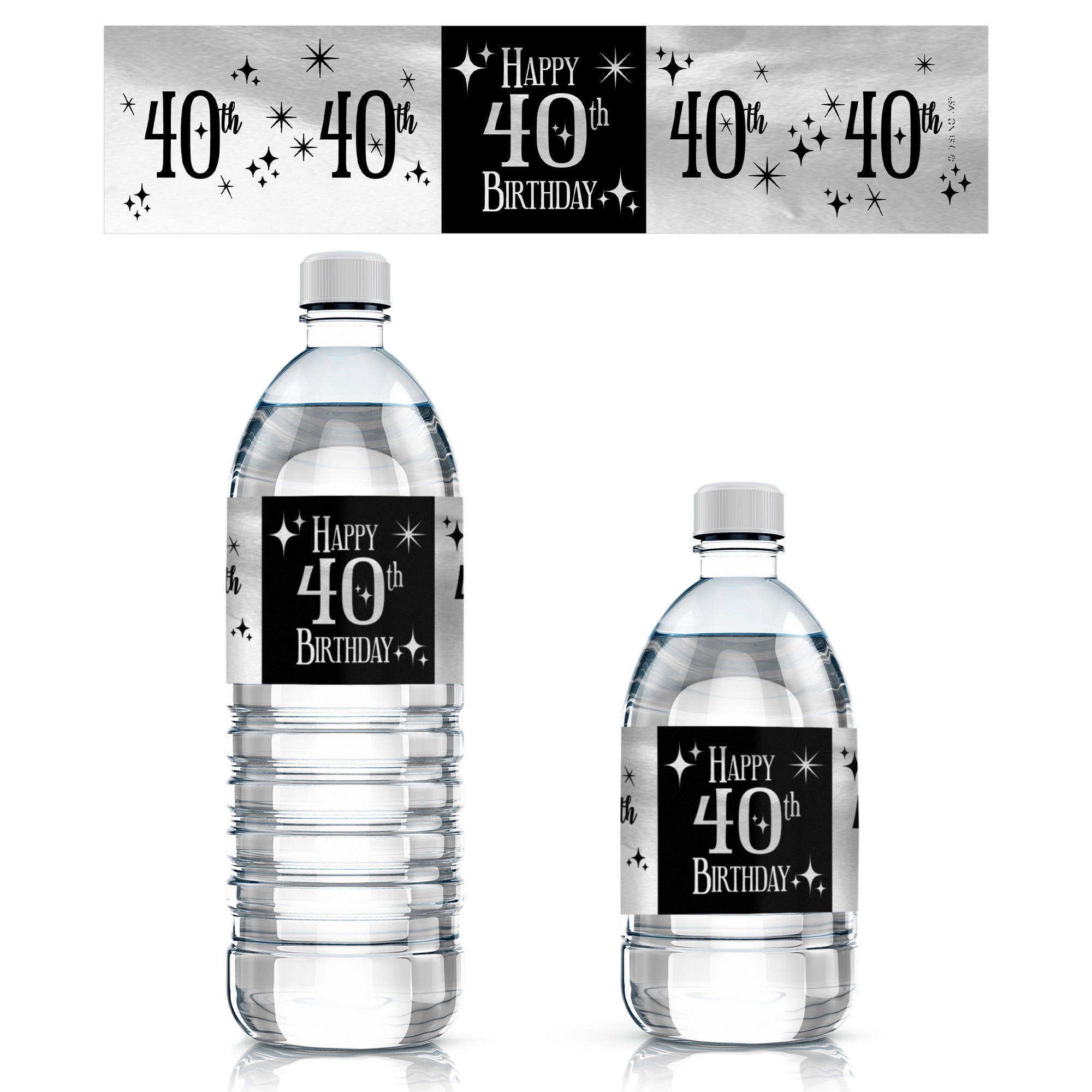 Distinctivs Black and Metallic Silver 40th Birthday Water Bottle Labels