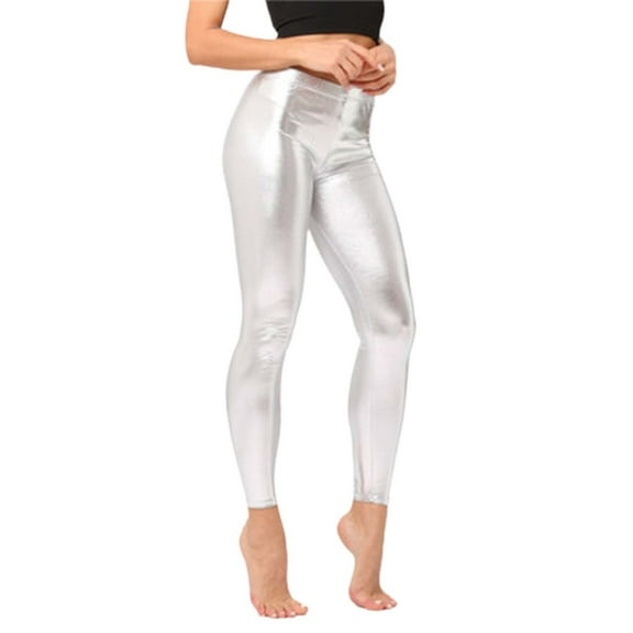 Fiaer Women's High Waisted Yoga Pants Tummy Control Shiny Sports Tights Workout Leggings Plus Size Slim Fit Trousers Silver XL