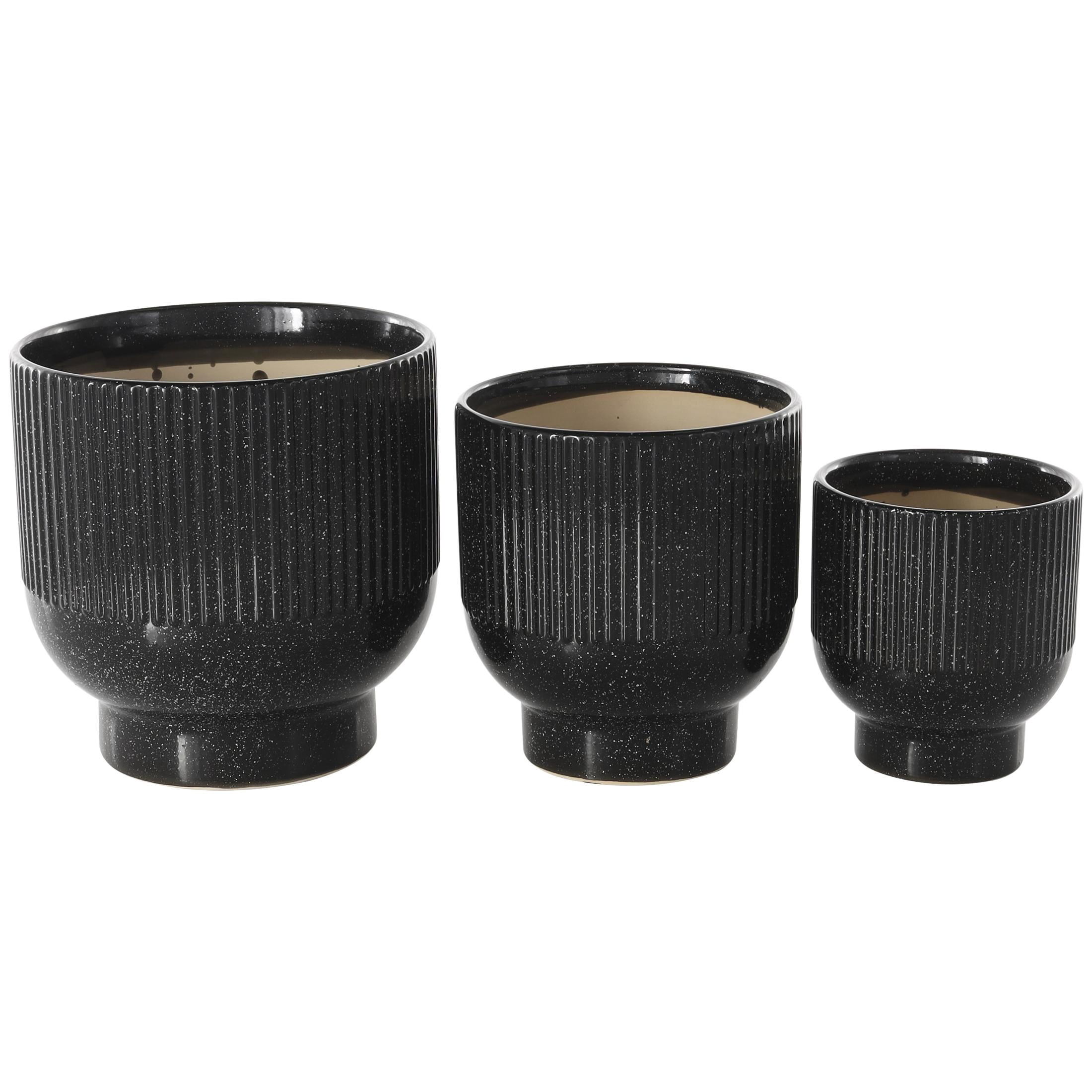 DecMode 9", 8", 6"H Speckled Black Ceramic Planter with Linear Grooves and Tapered Bases (3 Count)