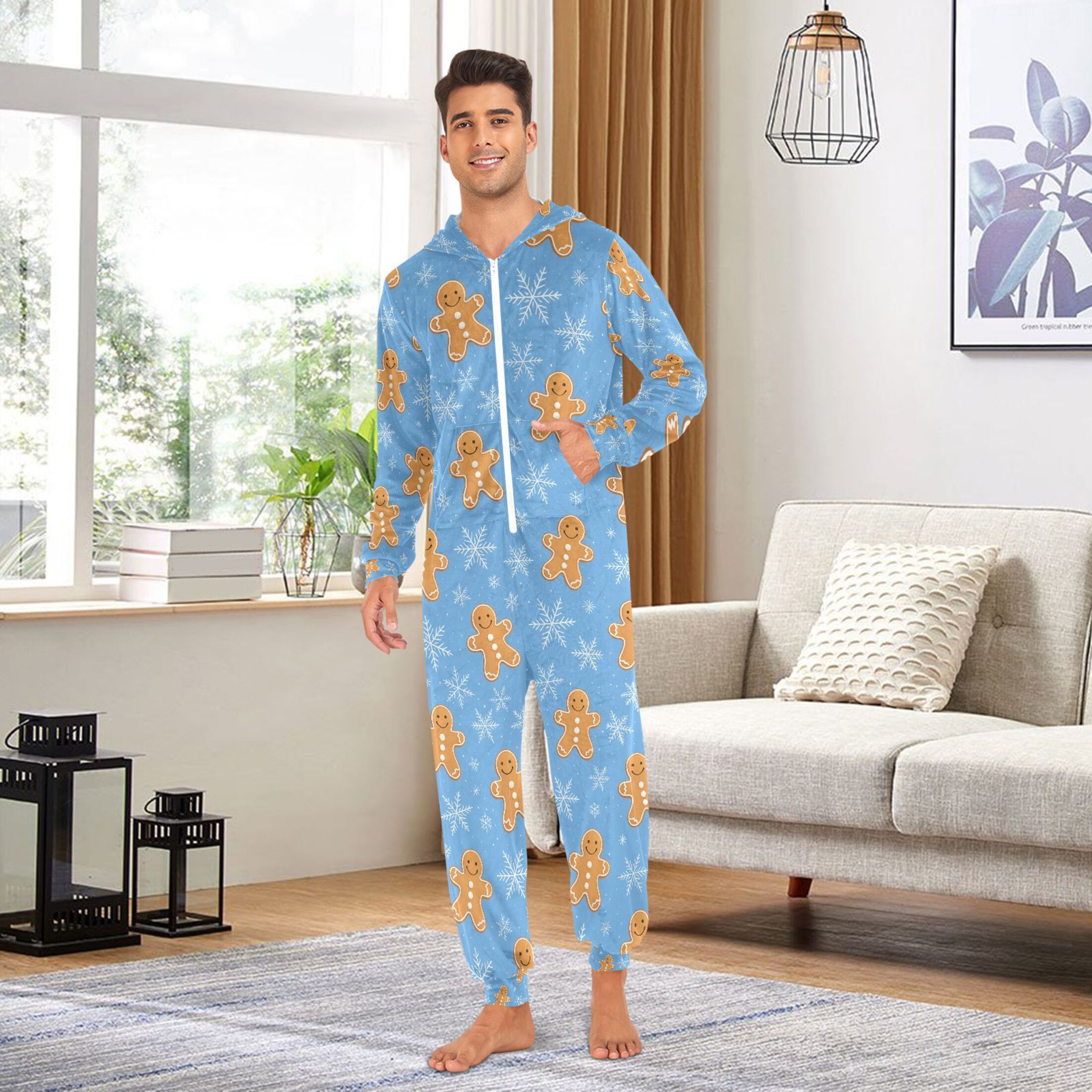 Adult Christmas Onesie Snowflake Cookie Man Blue Background Adult Zipper One-Piece Pajamas Unisex Pajamas with Pockets