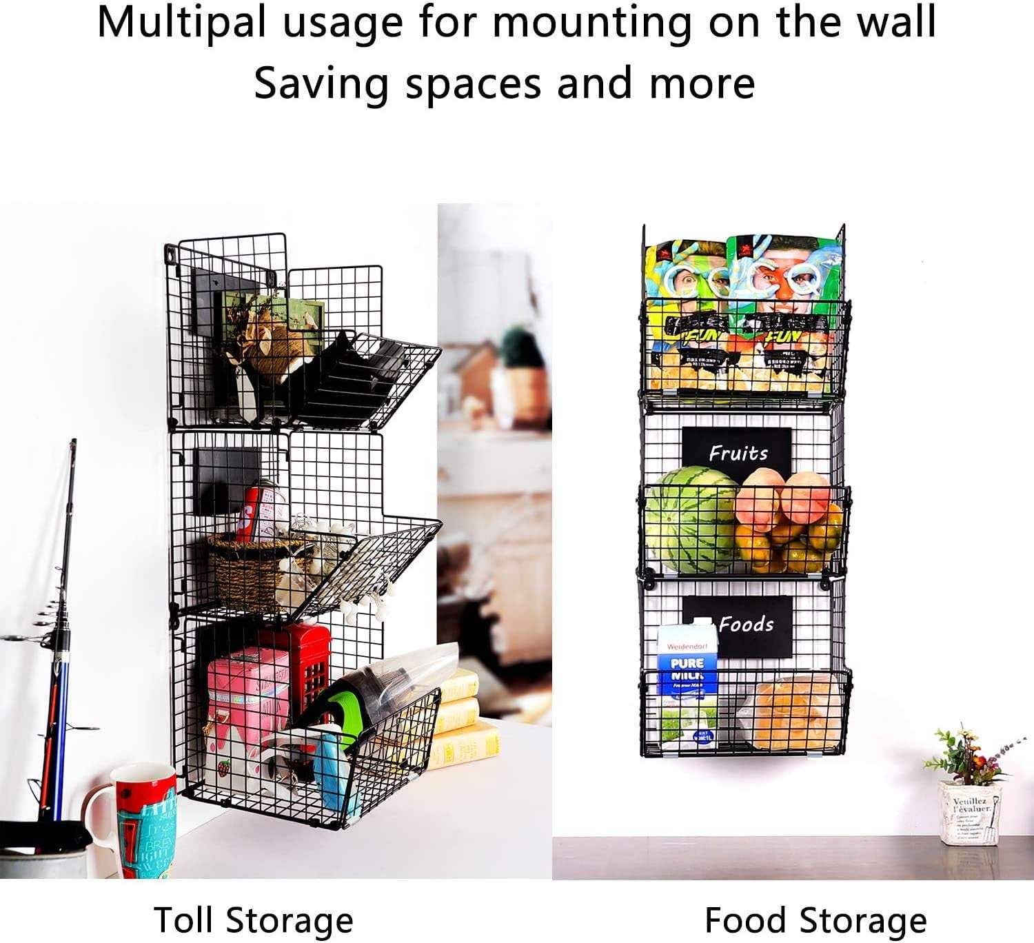 X-COSRACK 3-Tier Rolling Fruit Basket, All-Metal Stackable Produce Storage Cart, Wall Mounted Vegetable Organizer Bin, Black