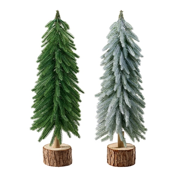 DR.Planzen Mini Pine Tree 2 Pack 19 Inch with Wood Base, Green & Snowy White Tabletop Christmas Tree, Small PE Artificial Christmas Trees for Christmas Decorations Mantel Shelf Office
