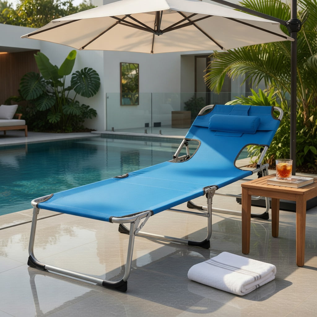 Hommoo Adjustable Folding Beach Lounge Chair with Removable Pillow, Lightweight Aluminum Frame, Portable for Beach, Pool & Patio, Blue