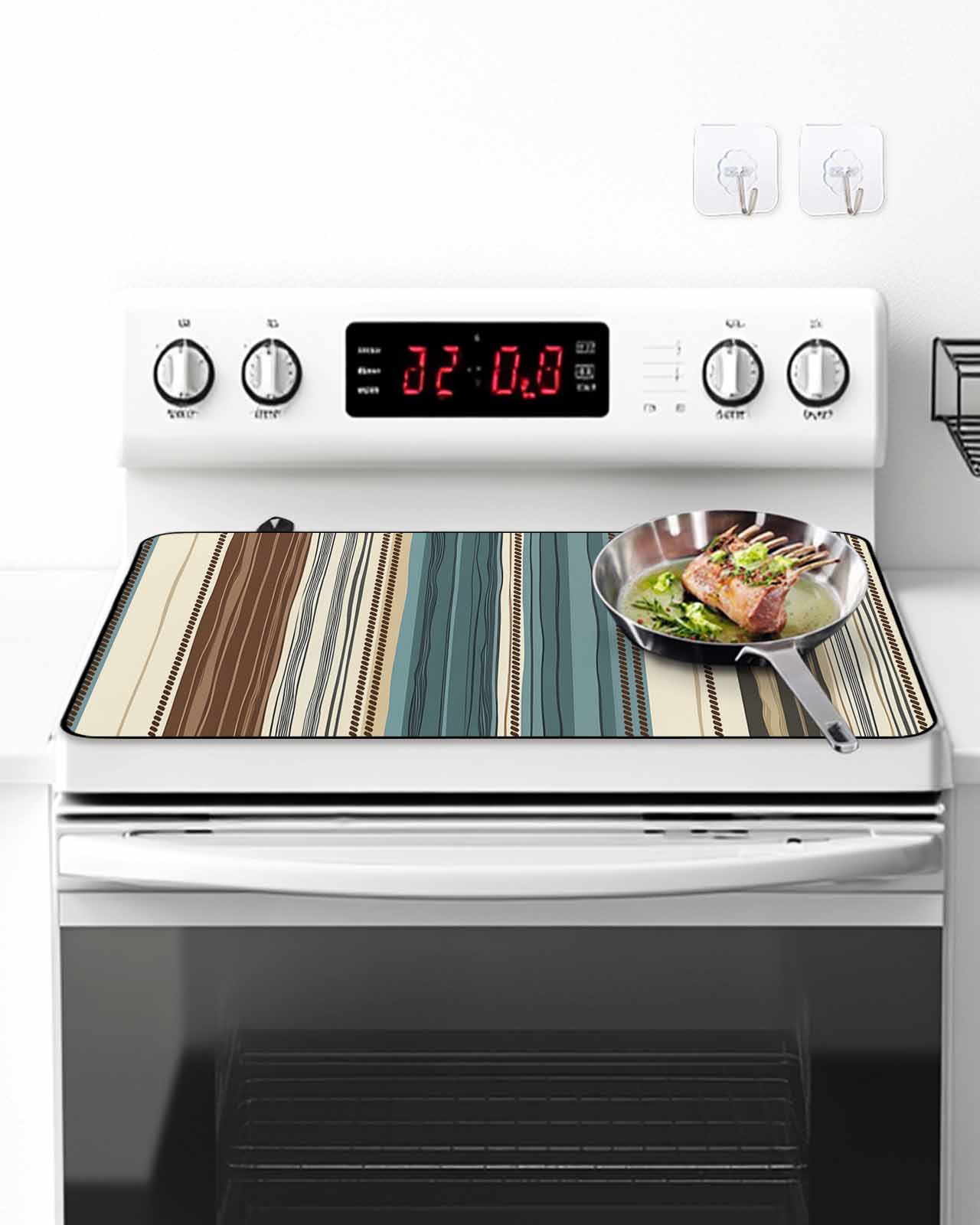 Stove Top Covers for Electric Stove, Teal Boho Stripes Glass Stovetop Cover Protector, Modern Bohemia Brown Beige Texture Induction Cooktop Protector Oven Mat for Kitchen Countertop 24"x21"