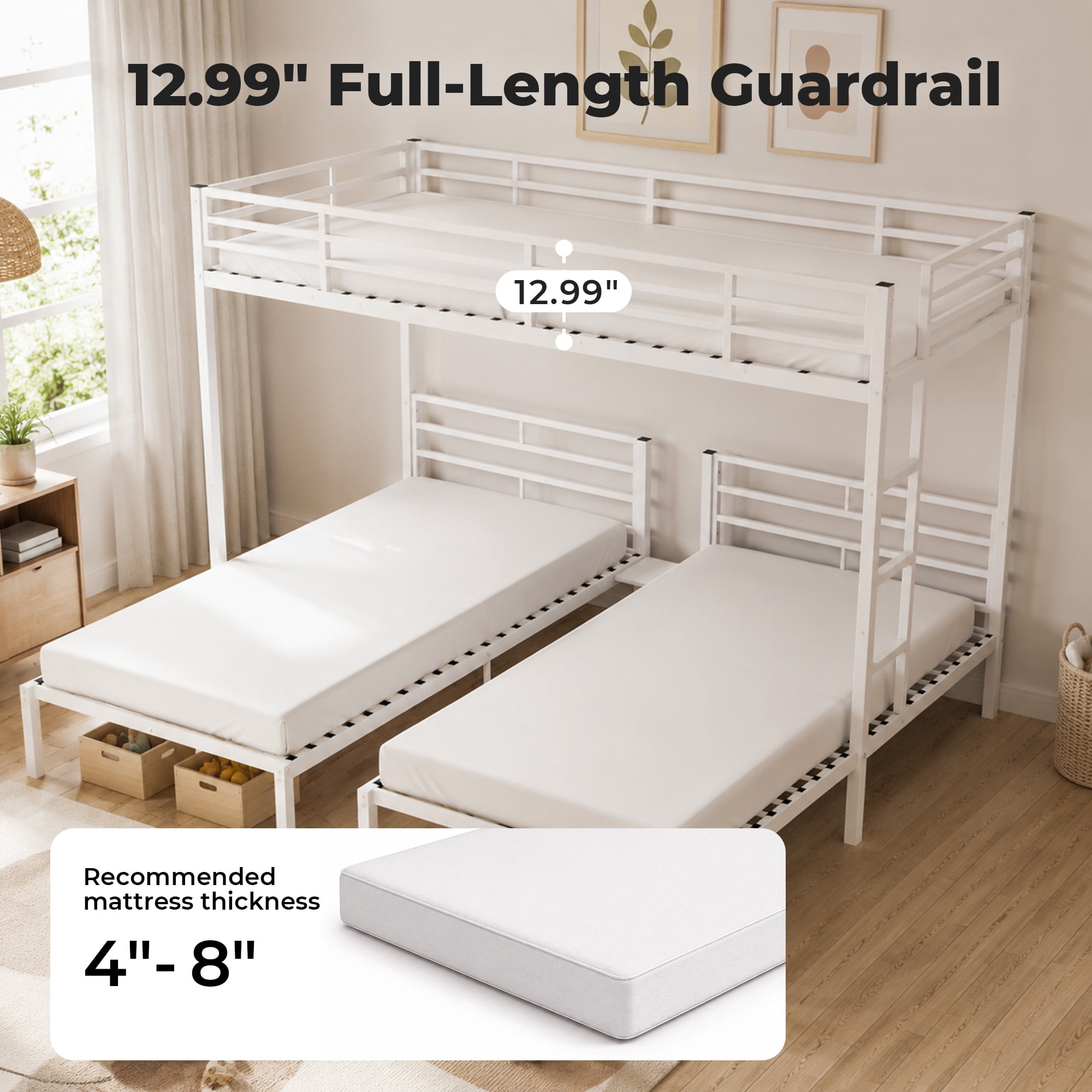 Alvantor Triple Bunk Bed for Kids, Metal Bunk Bed with Stairs,Separates Into 3 Twin Beds White