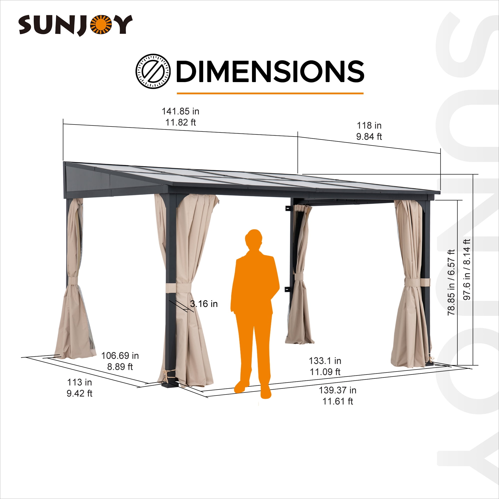 Sunjoy 10 x 12 ft Wall Mounted Gazebo with Polycarbonate Roof, Black Aluminum & Metal Frame Lean to Gazebo with Curtains and Netting