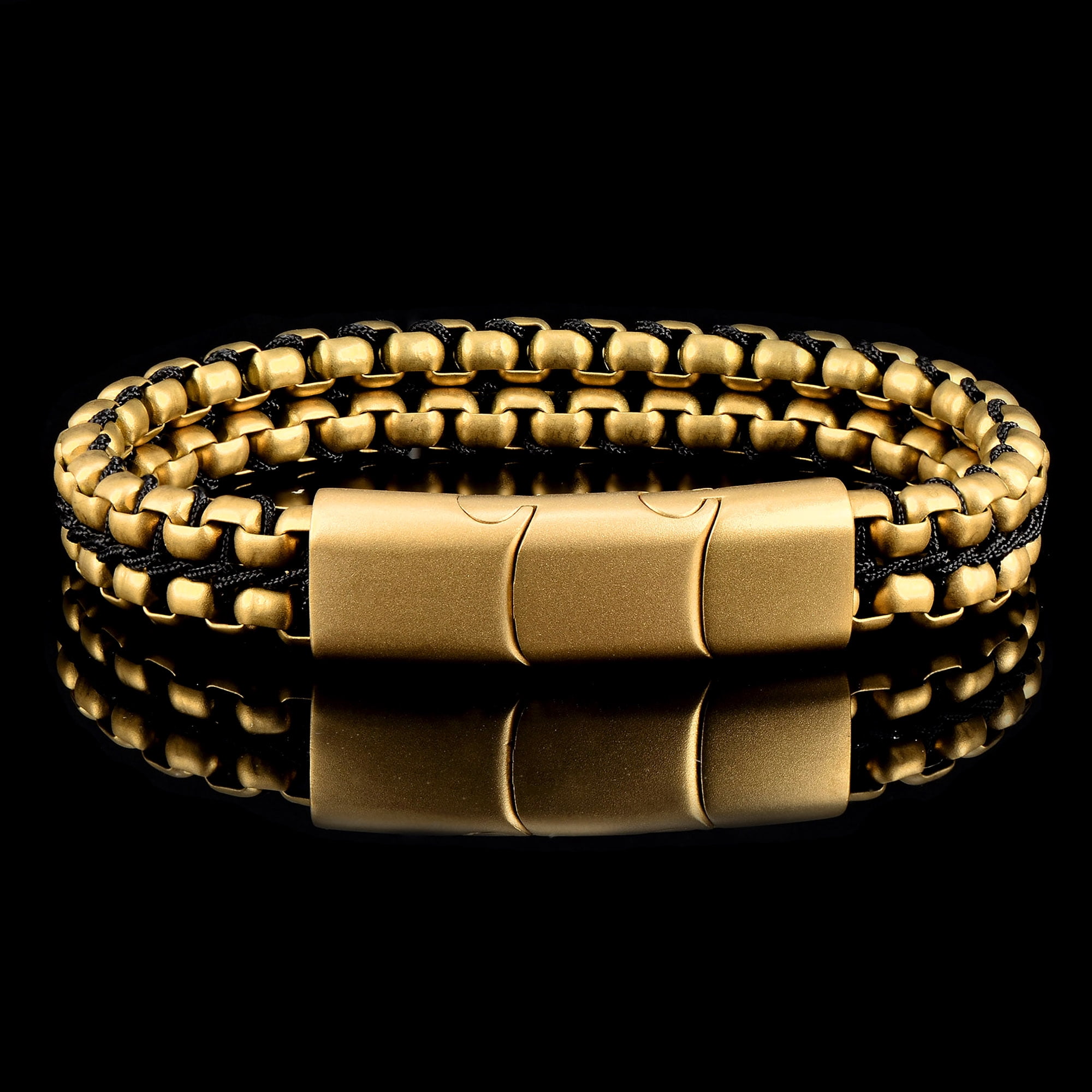 Crucible Jewelry Men's Matte Finish Double Row Box Chain Gold Plated Steel Bracelet (11mm) - 7.75" + 0.5" Ext