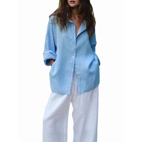 Womens Cotton Button Down Shirt Collared V Neck Long Sleeve Oversized Flannel Shirt Work Office Dressy Top S