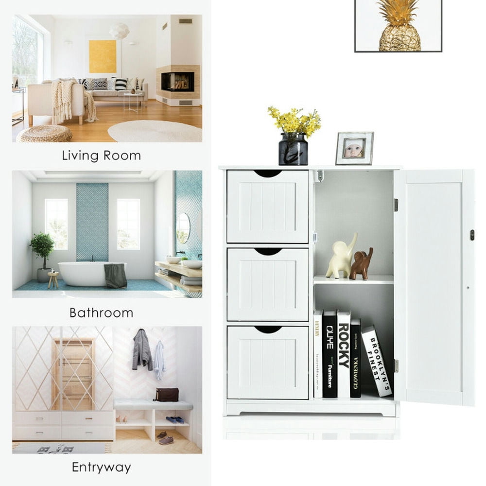 Finihen Bathroom Storage Cabinet, Bathroom Floor Cabinet, Bathroom Floor Cabinet Side Storage Cabinet with 3 Drawers and 1 Cupboard, for Bathroom, Living Room, Bedroom, Kitchen, White Finihen Bathroom Storage Cabinet, Bathroom Floor Cabinet, Bathroom Floor Cabinet Side Storage Cabinet with 3 Drawers and 1 Cupboard, for Bathroom, Living Room, Bedroom, Kitchen, White