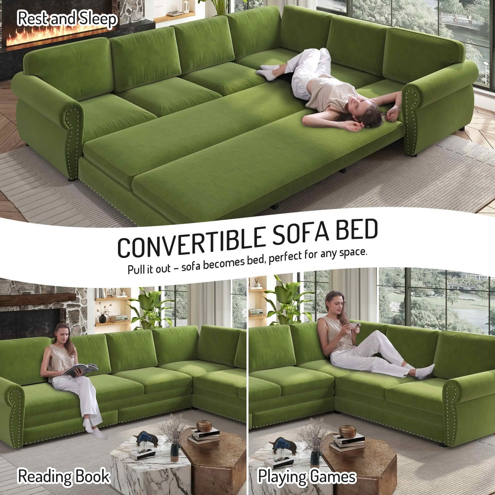 MAYEERTY 118" L‑Shaped Convertible Pull‑Out Sofa Bed, Chenille Sectional Couch with Nailhead Trim & Rolled Arms, Oversized Multifunctional Sleeper Sofa