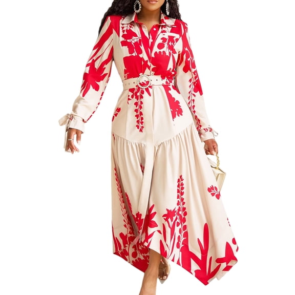 AURA Plus Size Printed Lapel A Line Midi Dress Long Sleeve High Waist Summer 2024 African Style Dress with Belt