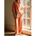 thumbnail image 6 of Amzcrzy Two Piece Sets for Women 2026 Solid Color Spring Outfits V Neck Button Down Shirt with Roll Tab Sleeves Wide Leg Pants Lounge Sets with Pockets Dressy Casual Loungewear Sets Orange L, 6 of 8