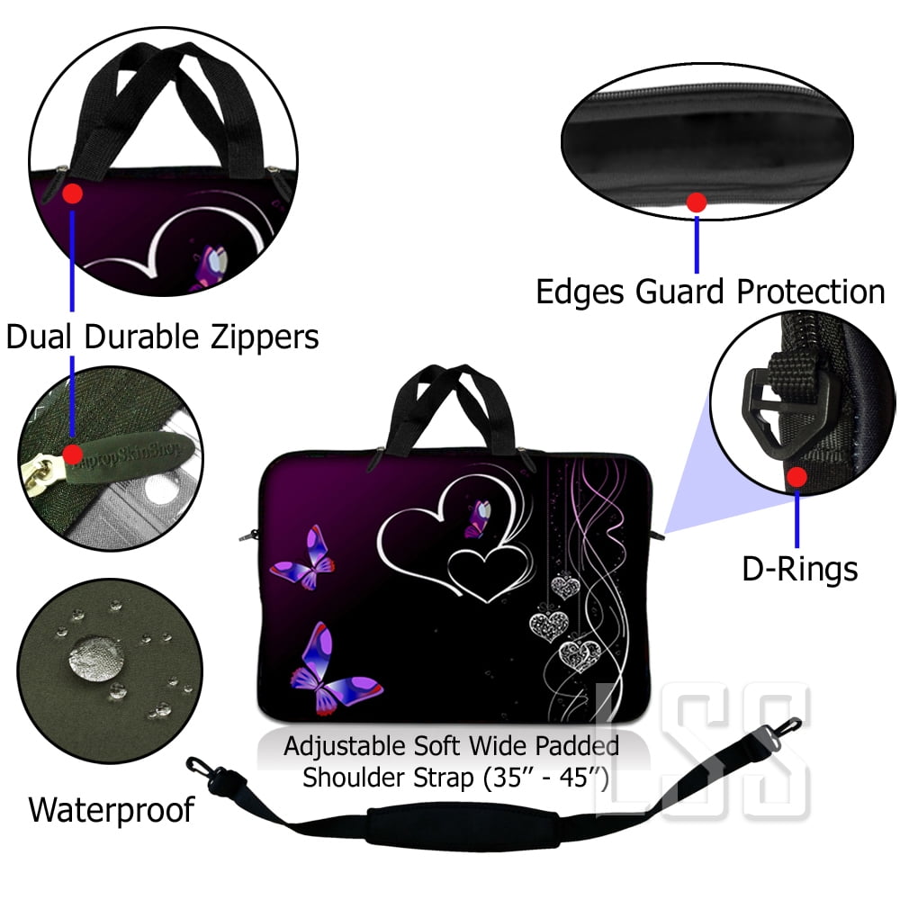 LSS 14-14.9 inch Neoprene Laptop Sleeve Bag Carrying Case with Handle and Adjustable Shoulder Strap - Butterfly Heart Floral