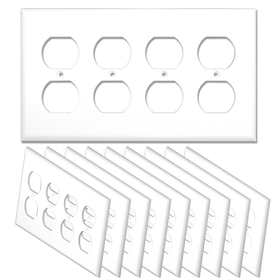 [10 Pack] NEU 4-Gang Duplex Receptacle Outlet Switch Cover Mid-Size Wall Plates, 8.2.5" x 4.75", Unbreakable Polycarbonate Thermoplastic, Glossy White