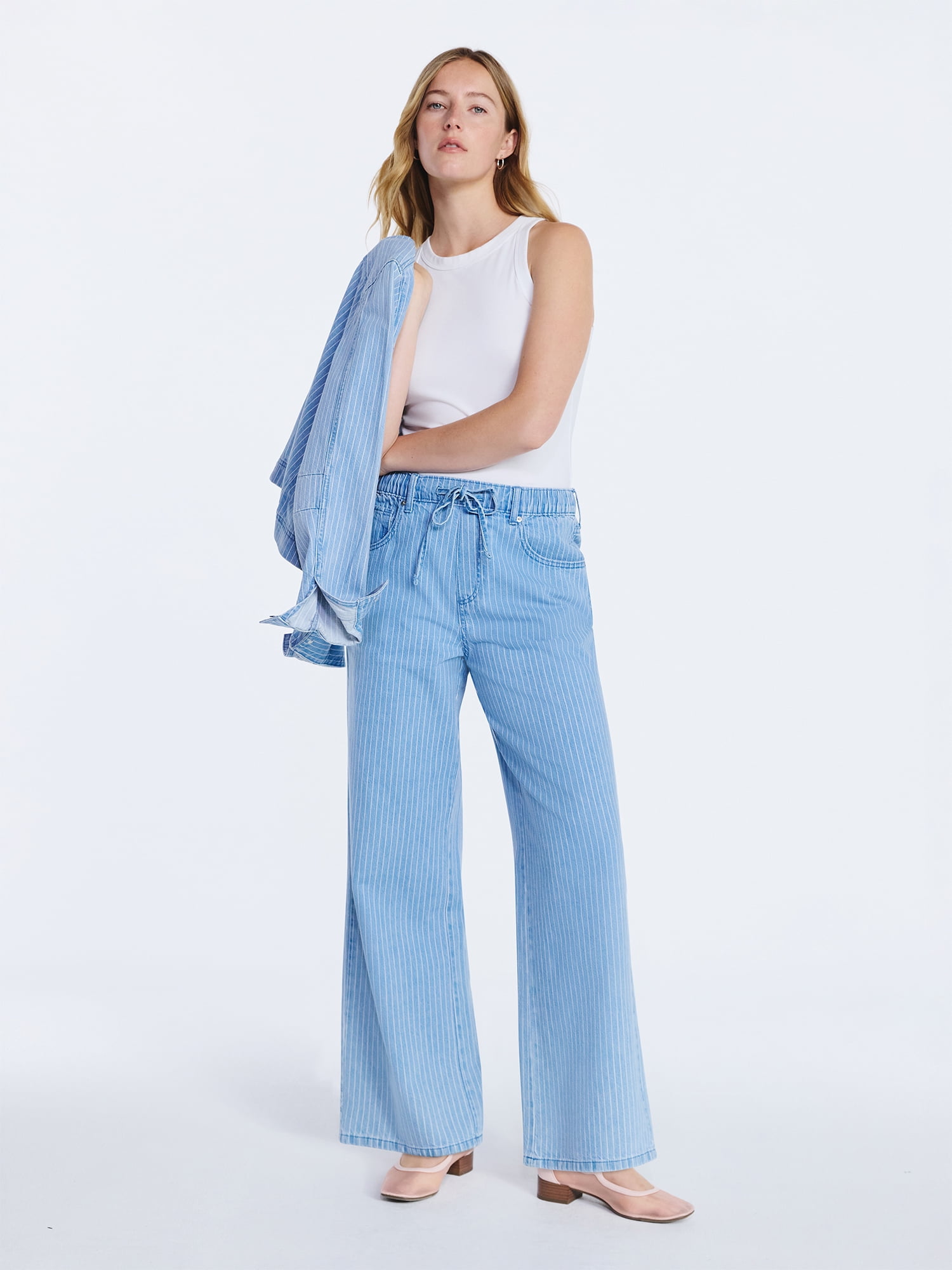 Free Assembly Women's and Women's Plus Striped Wide Leg Relaxed Jeans with Elastic Waist, Sizes XS-4X