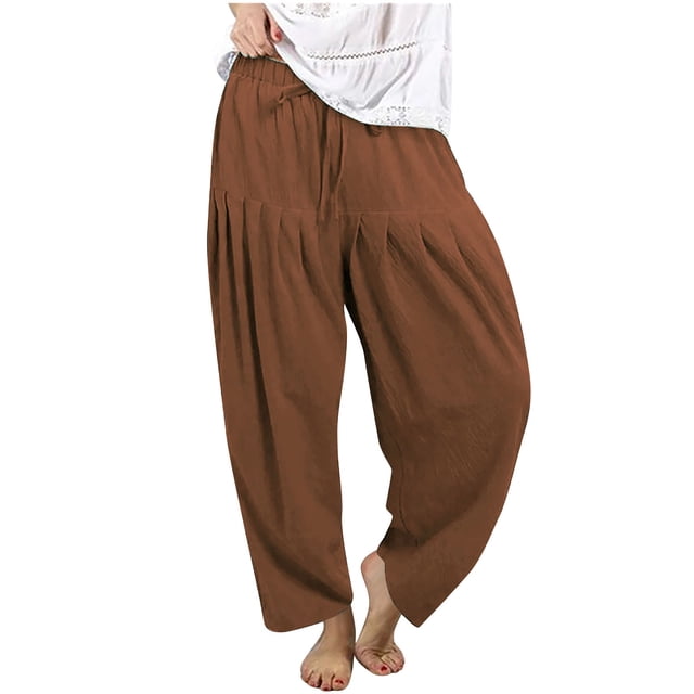 Diufon Women's Cotton Linen Wide Leg Pants Casual Drawstring Lantern Pants Solid Color Pleated Trousers