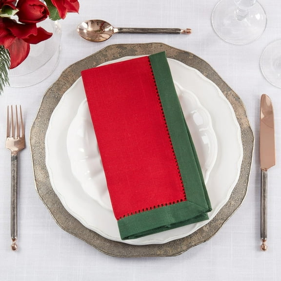Fennco Styles Two-Tone Hemstitch Cloth Napkins 20" W X 20" L, Set of 4 - Red Contrast Border Design Dinner Napkins for Everyday Use, Banquets, Family Gatherings and Special Events …