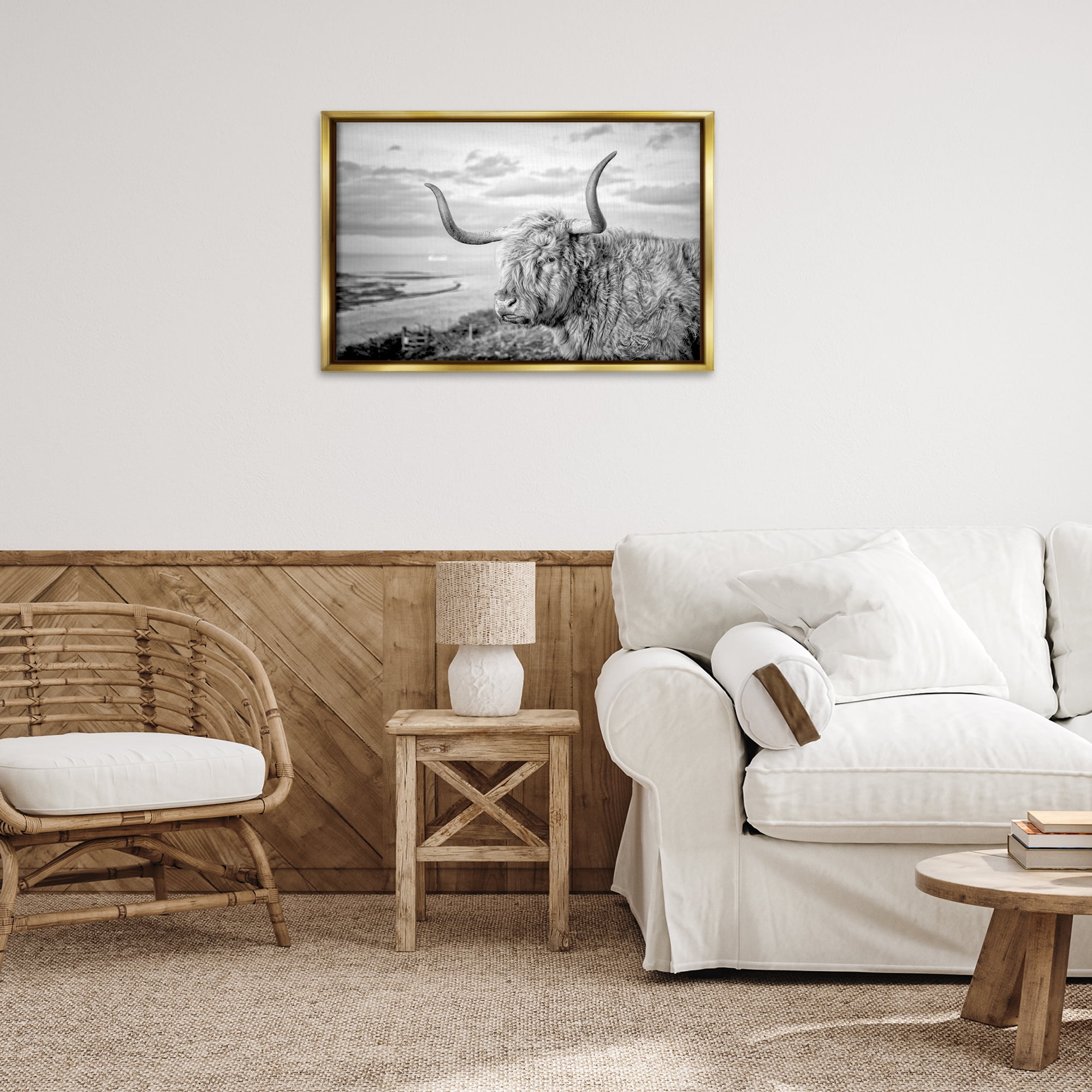 Stupell Industries Cattle with Ocean Breeze Animals & Insects Photography Gold Floater Framed Canvas Art Print Wall Art, 31 x 21