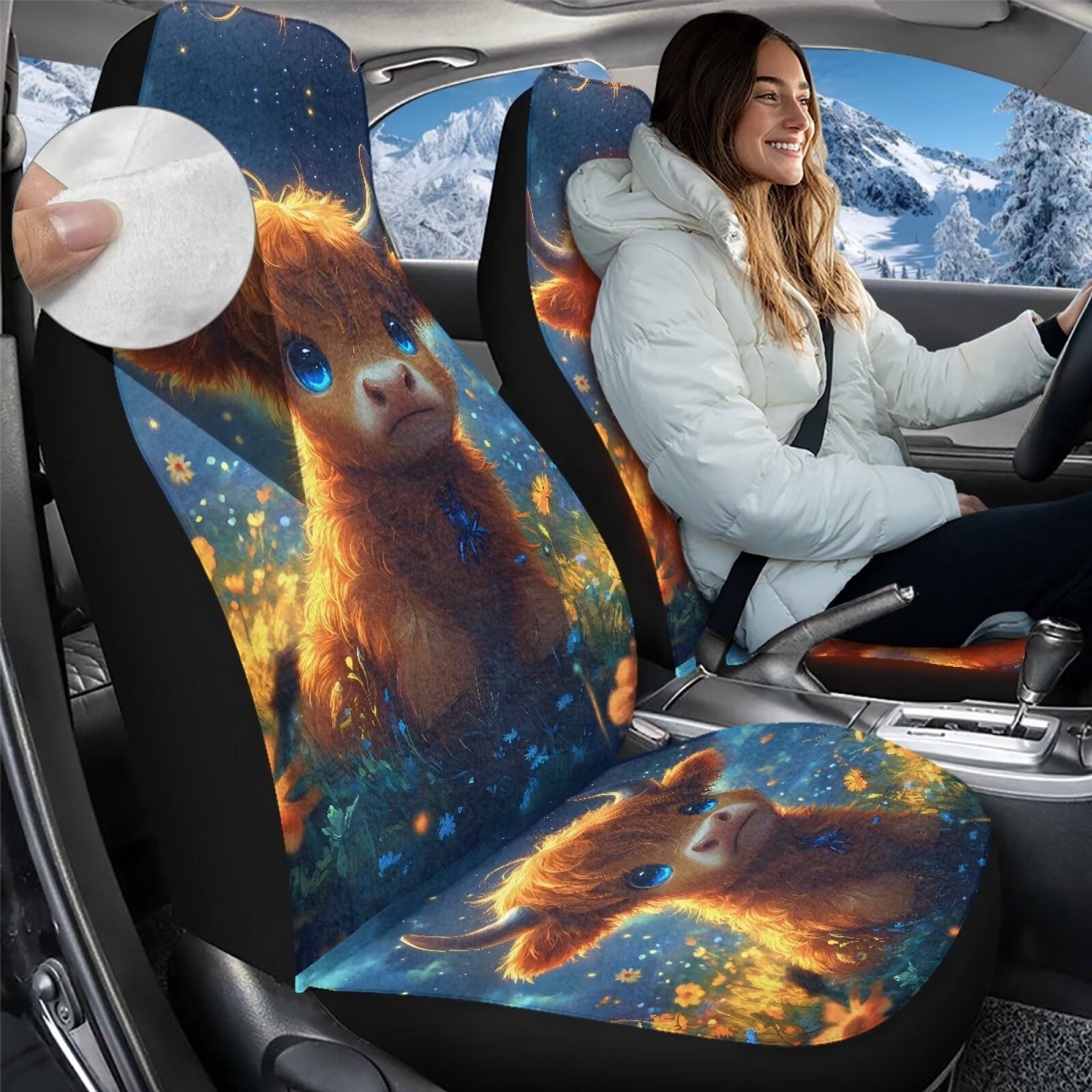 Uorisanigo 2-Pack Car Seat Covers, Soft Plush Baby Highland Cow Front Seats Covers, Comfy Automotive Seat Protectors Seats Cover For Cars, Easy Installation, Car Accessories for Women