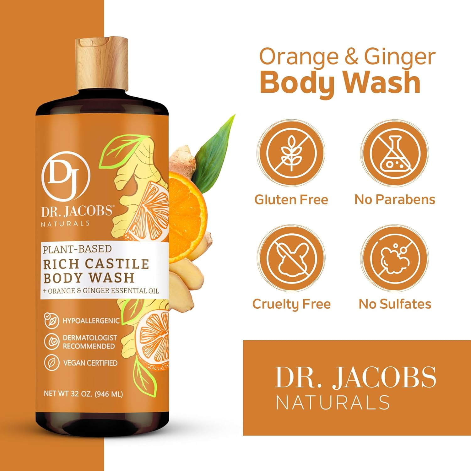 Dr Jacobs Naturals Castile Soap Body Wash Plant Based Liquid Soap, Orange & Ginger 32 Oz 2-Pack