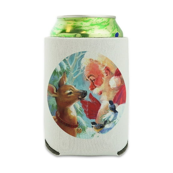 Christmas Holiday New Fawn Deer and Santa Can Cooler - Drink Sleeve Hugger Collapsible Insulator - Beverage Insulated Holder