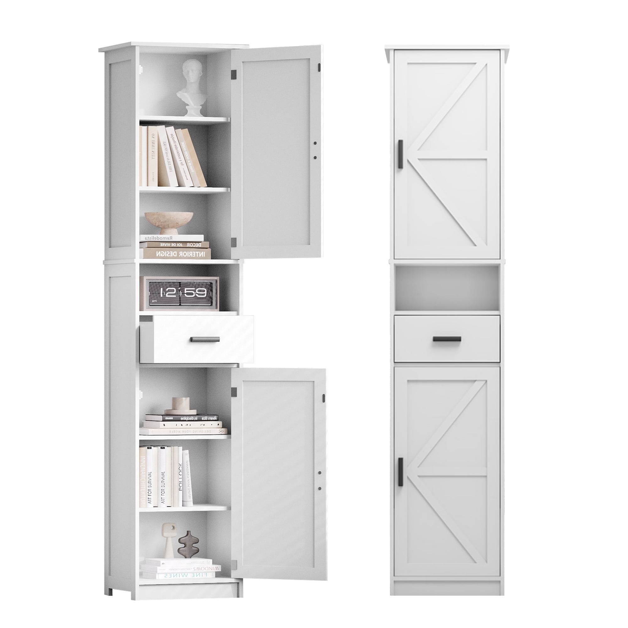 GARITIN 69 Inch Tall Bathroom Storage Cabinet with 2 Barn Doors & 1 Drawer, Narrow Storage Unit with Adjustable Shelves for Bathroom Living Room Entryway, White
