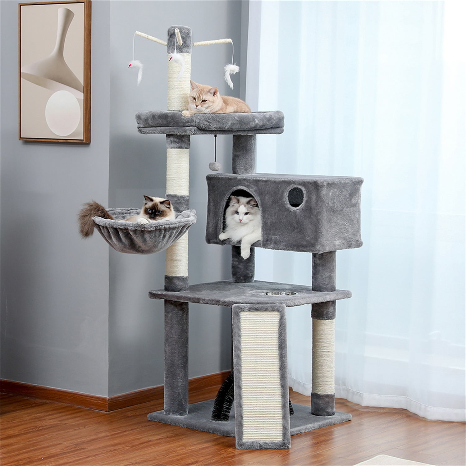 Pefilos 64" Multi-Level Cat Tower for Indoor Cat Tree for Large Cat Condo for Multiple Cats with Climbing Ladder, Feeding Bowl, Gray Pefilos 64" Multi-Level Cat Tower for Indoor Cat Tree for Large Cat Condo for Multiple Cats with Climbing Ladder, Feeding Bowl, Gray