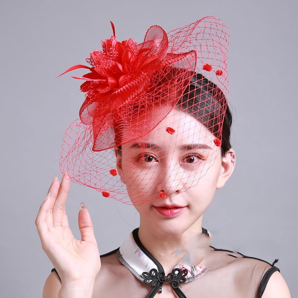 Flores hechas a mano retro europeas y americanas, accesorios para el cabello con flores para la cabeza de malla de boda para novia, accesorios para la cabeza con velo vendado, rojo