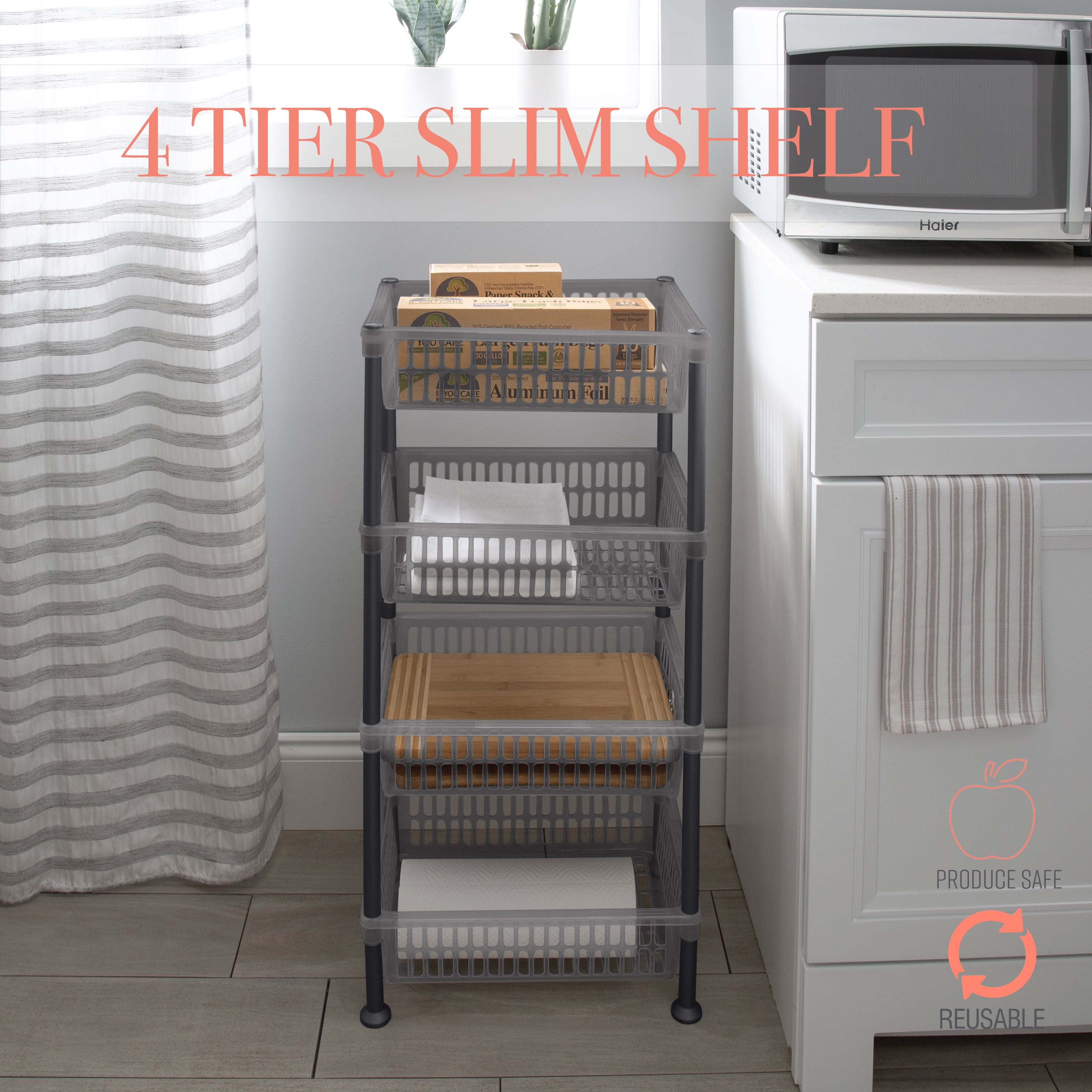 Kitchen Details Slim 4-Shelf Plastic Freestanding Shelves, Smoke Gray