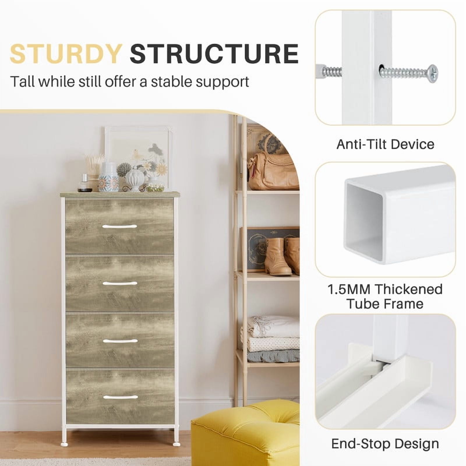 Simenmax 4 Dresser, Storage Drawers with Removable Fabric Bins, Fabric Closet Chests Organizer for Bedroom, Closet, Living Room, Oak Greige