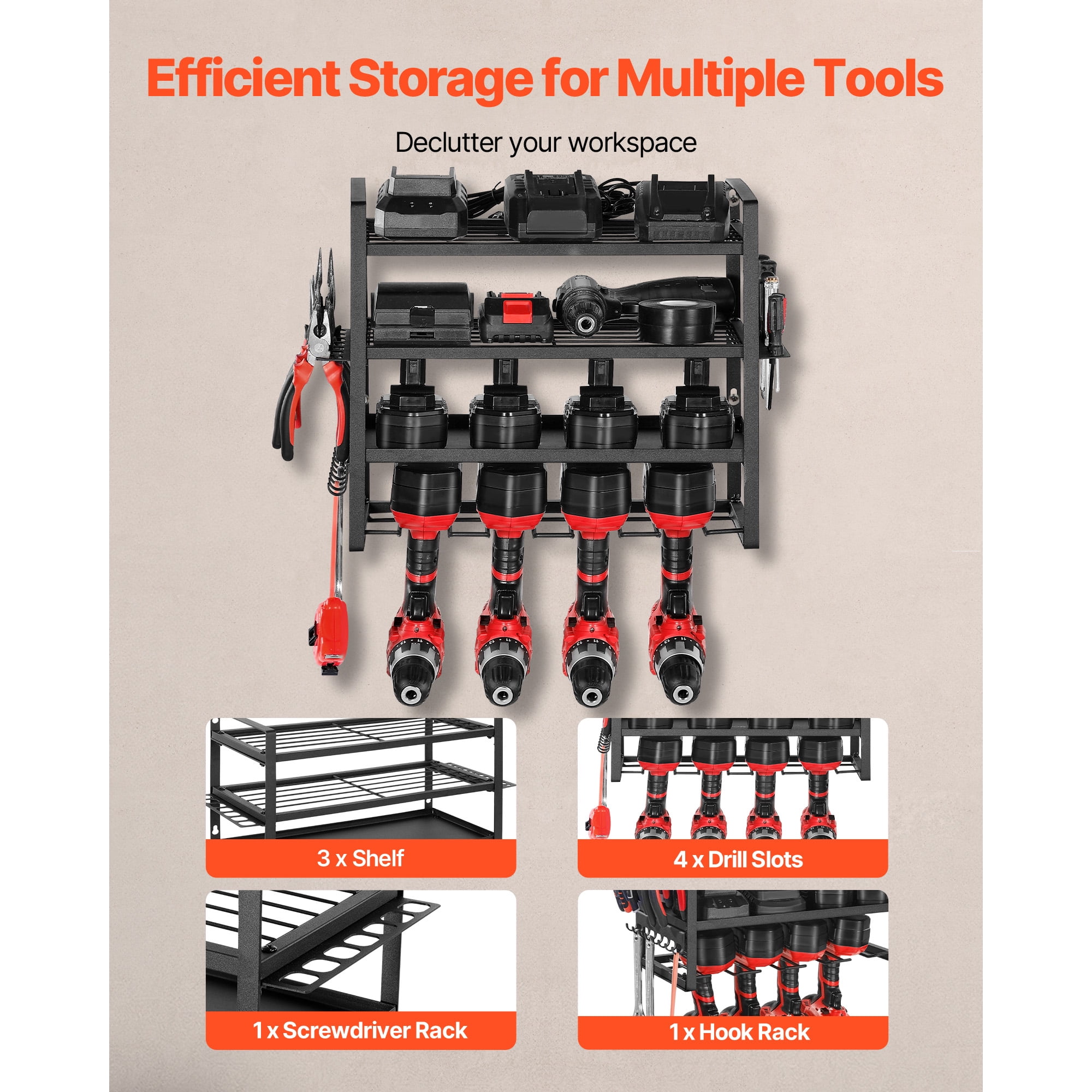KFFKFF Wall-Mounted Power Tool Organizer, 4-Tier Storage Rack with Drill Slots, Tool Holder and Storage Shelf with Screwdriver Slot, Ideal for Garage, Workbench, and Workshop